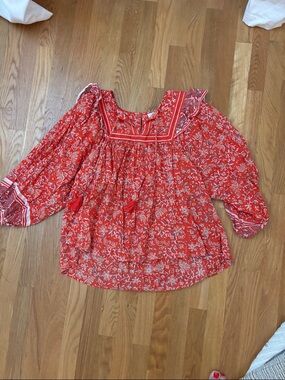 Cleobella Red Floral Peasant Blouse with Tassel Tie